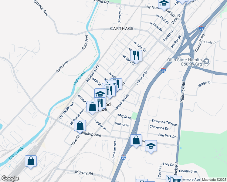 map of restaurants, bars, coffee shops, grocery stores, and more near 6411 Vine Street in Cincinnati