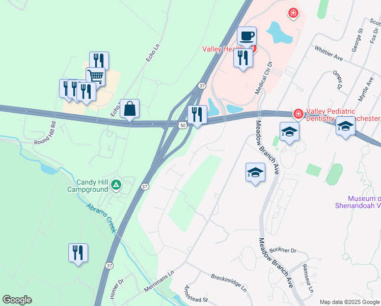 map of restaurants, bars, coffee shops, grocery stores, and more near 419 Westside Station Drive in Winchester