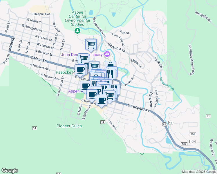 map of restaurants, bars, coffee shops, grocery stores, and more near 623 East Hopkins Avenue in Aspen
