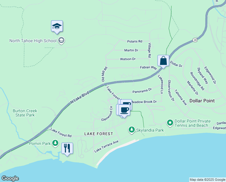 map of restaurants, bars, coffee shops, grocery stores, and more near 3120 Lake Forest Road in Tahoe City