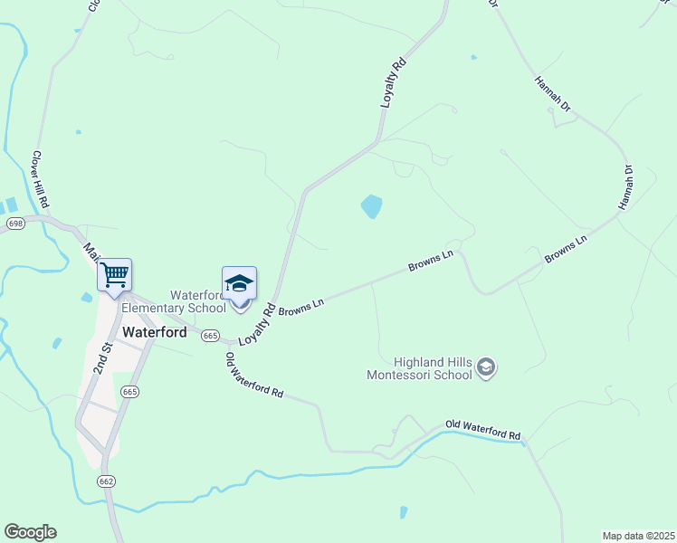 map of restaurants, bars, coffee shops, grocery stores, and more near 40498 Browns Ln in Waterford