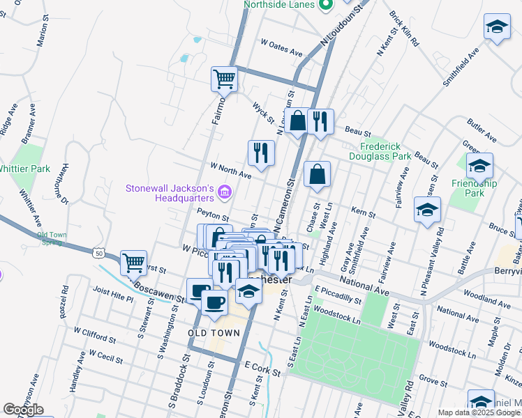 map of restaurants, bars, coffee shops, grocery stores, and more near 424 North Loudoun Street in Winchester