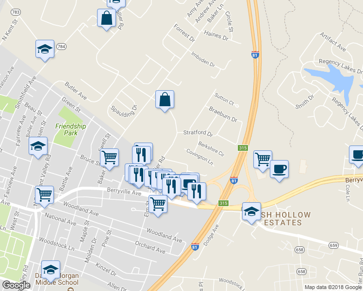 map of restaurants, bars, coffee shops, grocery stores, and more near 101 Covington Lane in Winchester