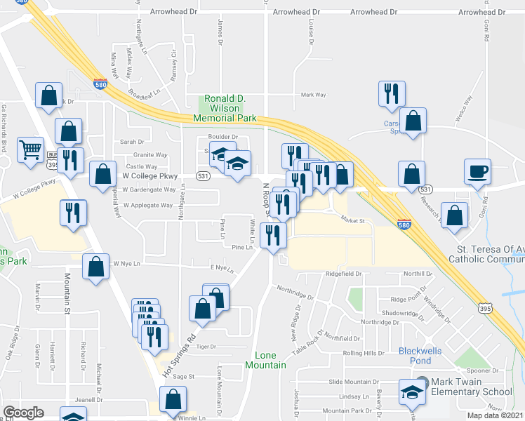 map of restaurants, bars, coffee shops, grocery stores, and more near 3380 North Roop Street in Carson City
