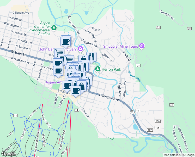 map of restaurants, bars, coffee shops, grocery stores, and more near 898 East Hopkins Avenue in Aspen