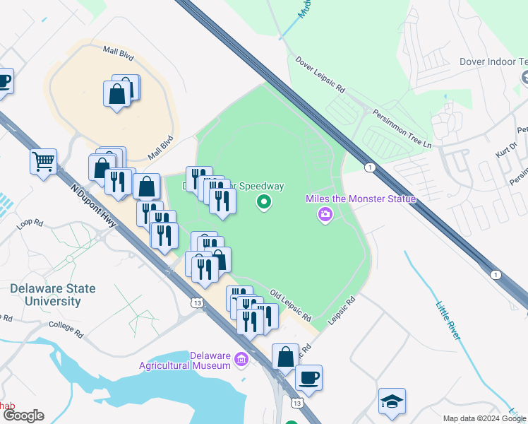 map of restaurants, bars, coffee shops, grocery stores, and more near 1131 North Dupont Highway in Dover