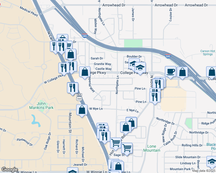 map of restaurants, bars, coffee shops, grocery stores, and more near 201 West Applegate Way in Carson City