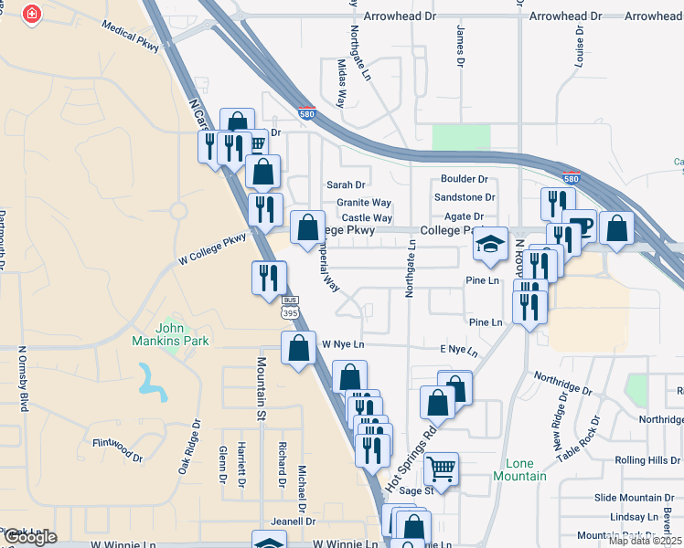 map of restaurants, bars, coffee shops, grocery stores, and more near 315 West Applegate Way in Carson City