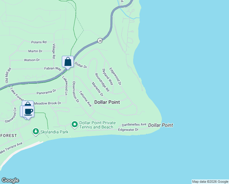 map of restaurants, bars, coffee shops, grocery stores, and more near 120 Roundridge Road in Tahoe City