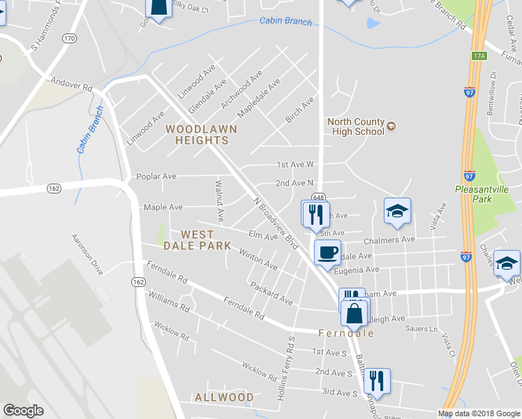 map of restaurants, bars, coffee shops, grocery stores, and more near 506 North Broadview Boulevard in Glen Burnie