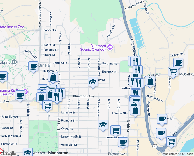 map of restaurants, bars, coffee shops, grocery stores, and more near 1003 North Juliette Avenue in Manhattan