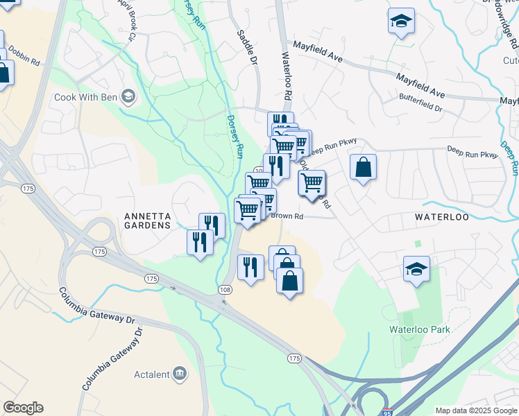 map of restaurants, bars, coffee shops, grocery stores, and more near 8268 Lark Brown Road in Elkridge