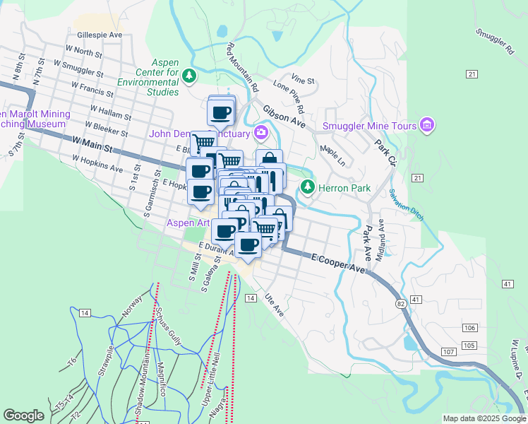 map of restaurants, bars, coffee shops, grocery stores, and more near 623 East Hopkins Avenue in Aspen