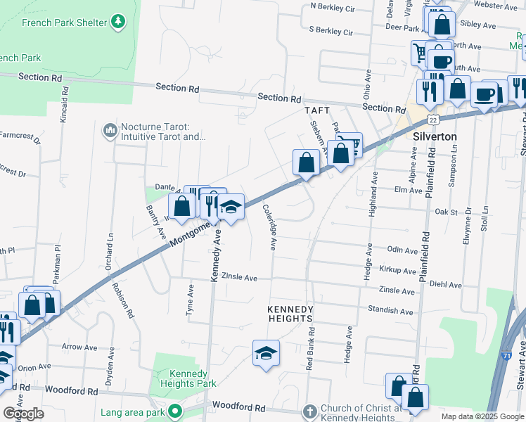 map of restaurants, bars, coffee shops, grocery stores, and more near 6623 Coleridge Avenue in Cincinnati