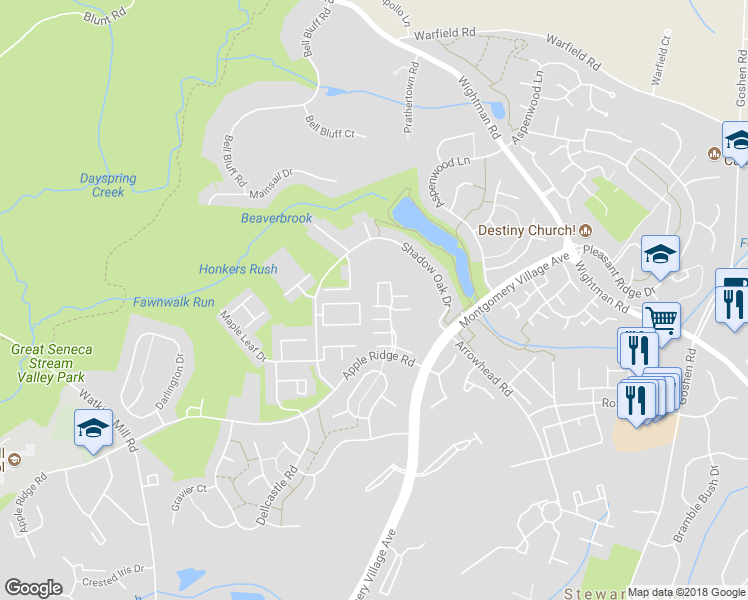 map of restaurants, bars, coffee shops, grocery stores, and more near 20327 Swallow Point Rd in Montgomery Village