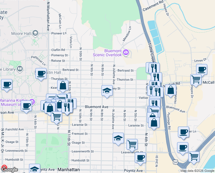 map of restaurants, bars, coffee shops, grocery stores, and more near 718 Kearney Street in Manhattan