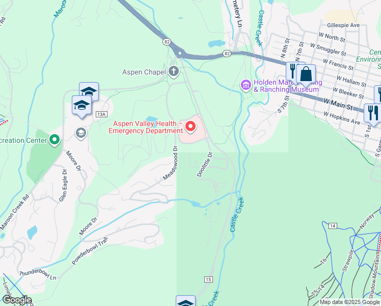 map of restaurants, bars, coffee shops, grocery stores, and more near 319 Twin Ridge Drive in Aspen