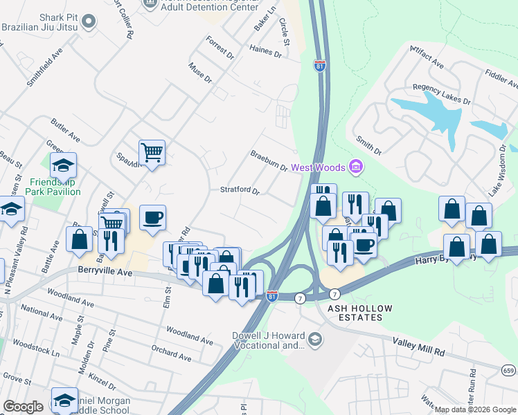 map of restaurants, bars, coffee shops, grocery stores, and more near 107 Berkshire Circle in Winchester