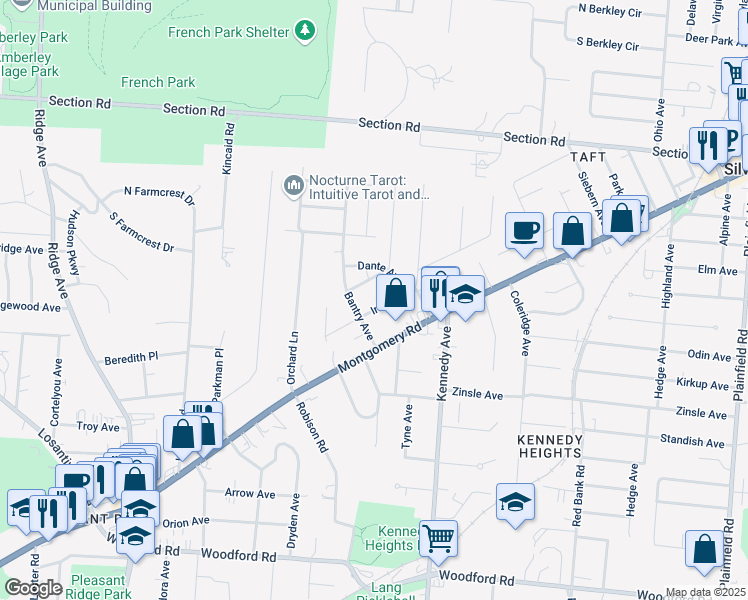 map of restaurants, bars, coffee shops, grocery stores, and more near 6516 Iris Avenue in Cincinnati