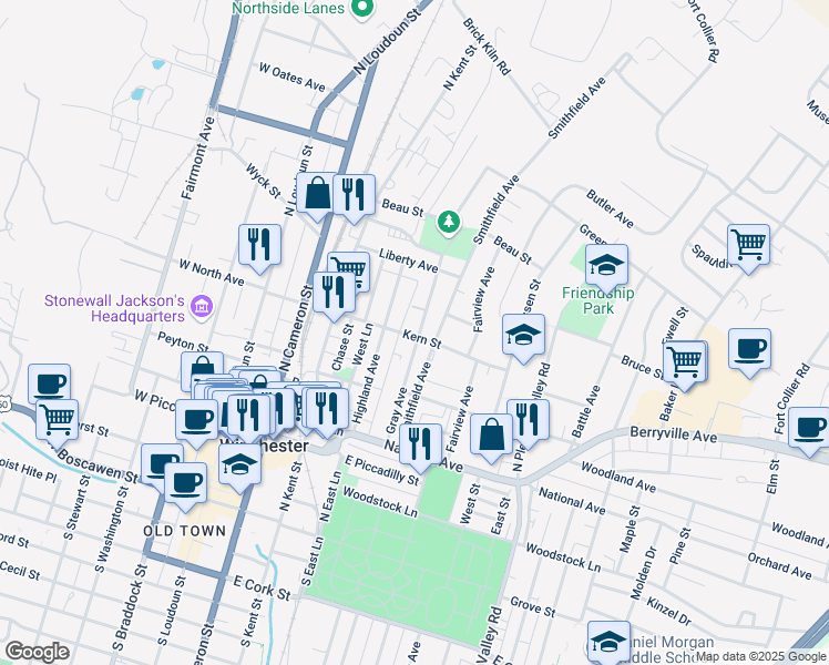 map of restaurants, bars, coffee shops, grocery stores, and more near 503 Gray Avenue in Winchester