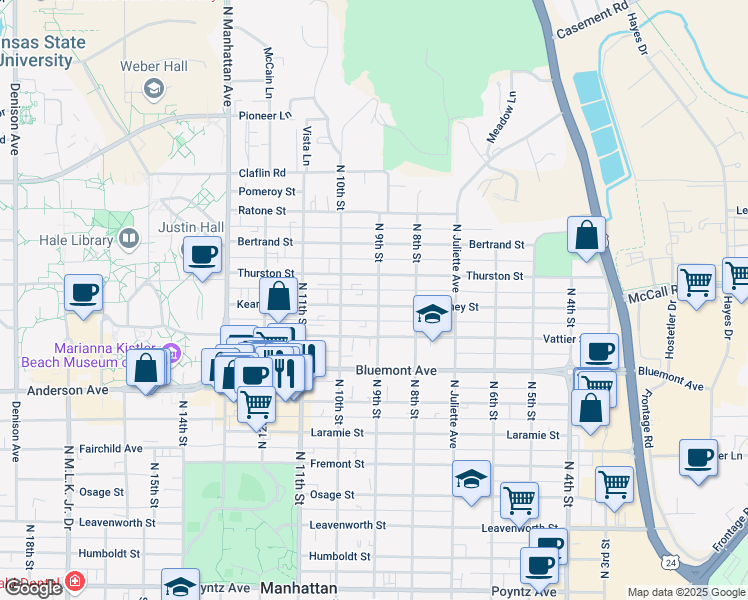 map of restaurants, bars, coffee shops, grocery stores, and more near 900 Kearney Street in Manhattan