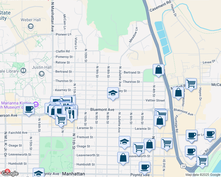 map of restaurants, bars, coffee shops, grocery stores, and more near 724 Kearney Street in Manhattan