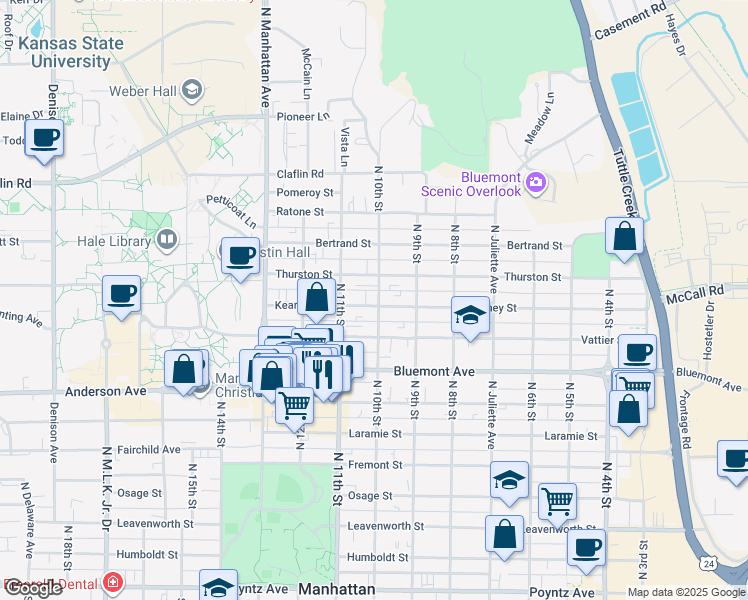 map of restaurants, bars, coffee shops, grocery stores, and more near 1000 Kearney Street in Manhattan