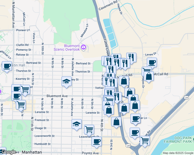 map of restaurants, bars, coffee shops, grocery stores, and more near 418 Kearney Street in Manhattan