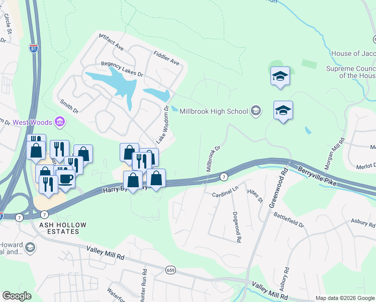 map of restaurants, bars, coffee shops, grocery stores, and more near 171 Denny Lane in Winchester