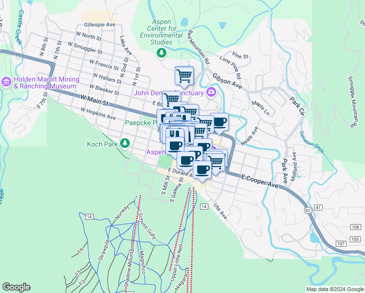 map of restaurants, bars, coffee shops, grocery stores, and more near 406 East Hyman Avenue in Aspen