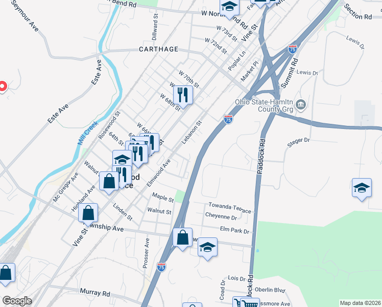 map of restaurants, bars, coffee shops, grocery stores, and more near 6604 Lebanon Street in Cincinnati
