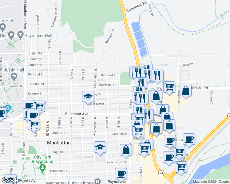 map of restaurants, bars, coffee shops, grocery stores, and more near 514 Kearney Street in Manhattan