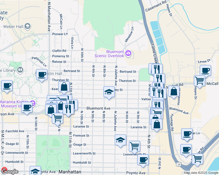 map of restaurants, bars, coffee shops, grocery stores, and more near 1003 North Juliette Avenue in Manhattan