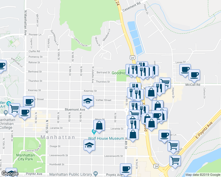 map of restaurants, bars, coffee shops, grocery stores, and more near 514 Kearney Street in Manhattan