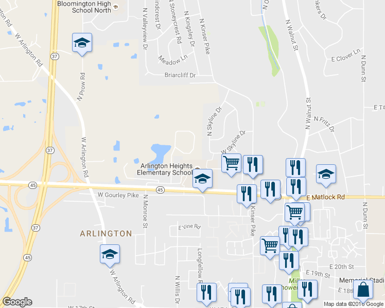 map of restaurants, bars, coffee shops, grocery stores, and more near 2416 North Stonelake Circle in Bloomington