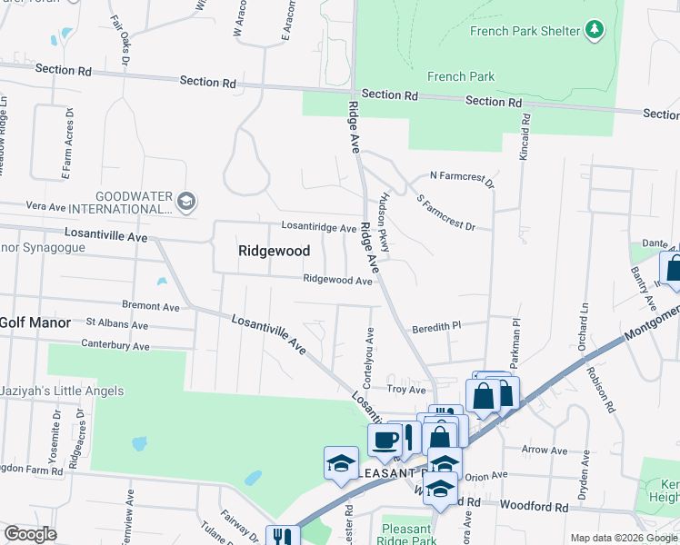 map of restaurants, bars, coffee shops, grocery stores, and more near 2930 Ridgewood Avenue in Cincinnati
