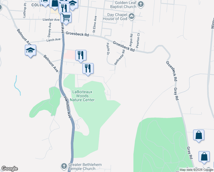 map of restaurants, bars, coffee shops, grocery stores, and more near 1088 Hill Crest Road in Cincinnati