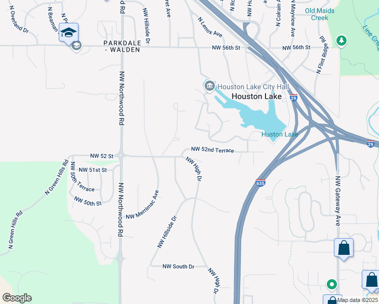 map of restaurants, bars, coffee shops, grocery stores, and more near 3805 Northwest 52nd Terrace in Kansas City