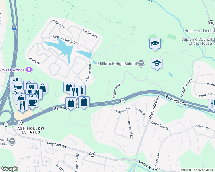 map of restaurants, bars, coffee shops, grocery stores, and more near 171 Denny Lane in Winchester