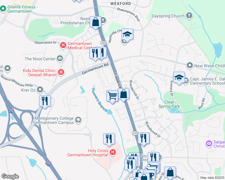 map of restaurants, bars, coffee shops, grocery stores, and more near 11829 Regents Park Drive in Germantown