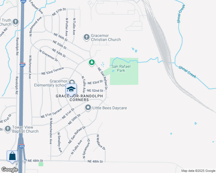 map of restaurants, bars, coffee shops, grocery stores, and more near 5209 Northeast San Rafael Drive in Kansas City