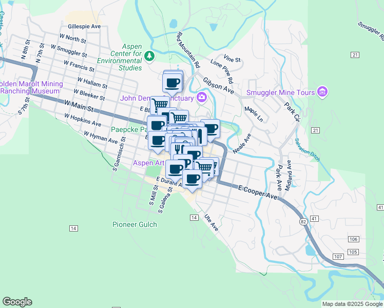 map of restaurants, bars, coffee shops, grocery stores, and more near in Aspen
