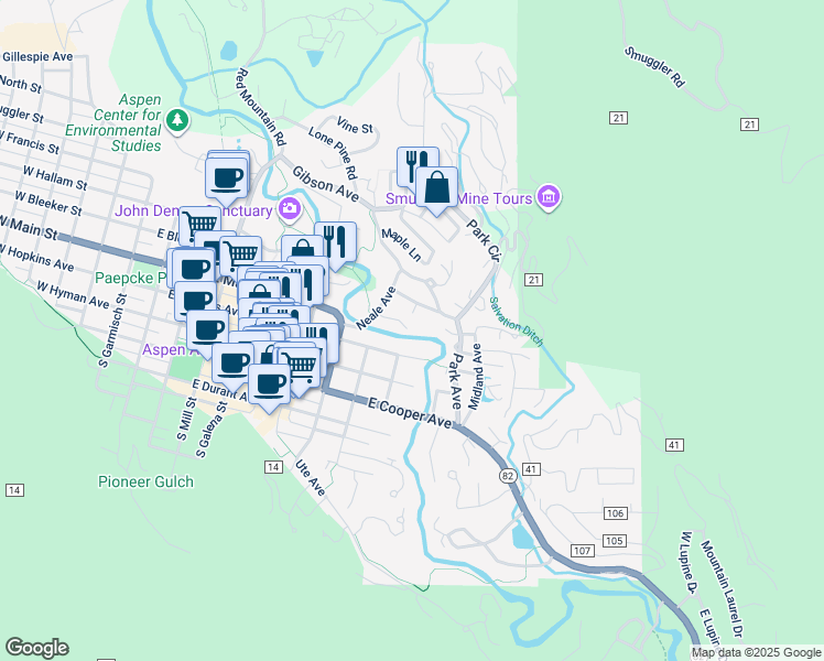 map of restaurants, bars, coffee shops, grocery stores, and more near 979 Queen Street in Aspen