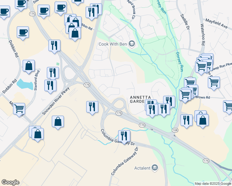 map of restaurants, bars, coffee shops, grocery stores, and more near 8861 Shining Oceans Way in Columbia