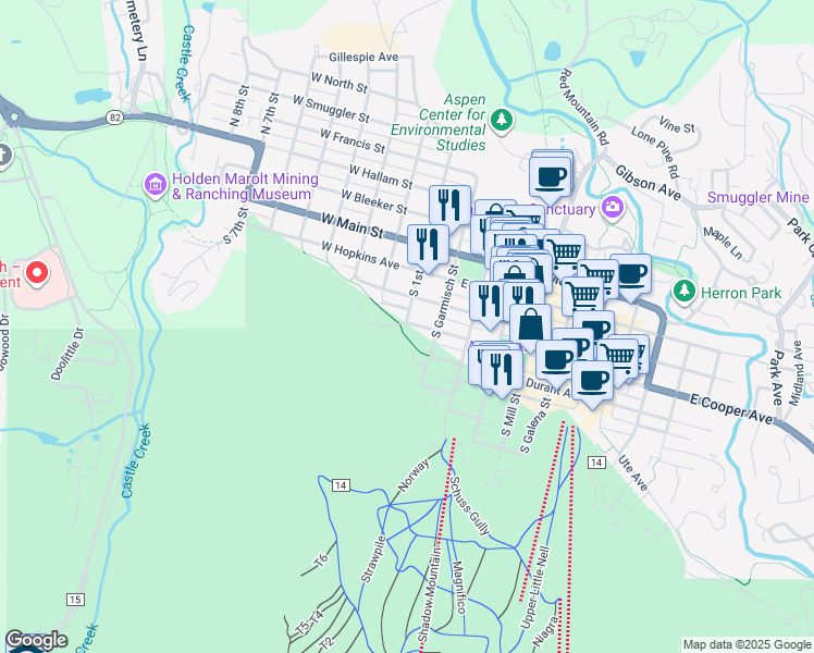map of restaurants, bars, coffee shops, grocery stores, and more near Little Cloud Trail in Aspen