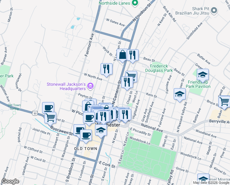 map of restaurants, bars, coffee shops, grocery stores, and more near 437 North Cameron Street in Winchester