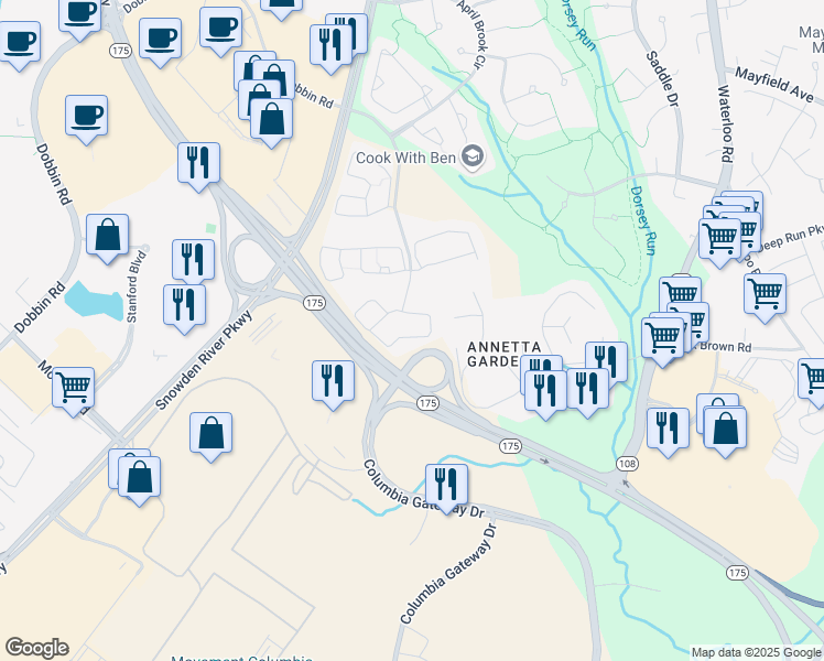 map of restaurants, bars, coffee shops, grocery stores, and more near 8861 Shining Oceans Way in Columbia
