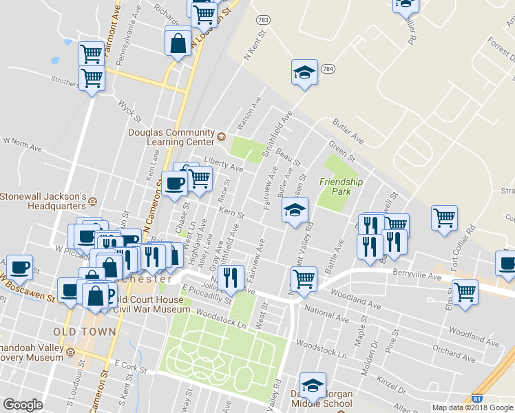 map of restaurants, bars, coffee shops, grocery stores, and more near 309 Hastings Street in Winchester