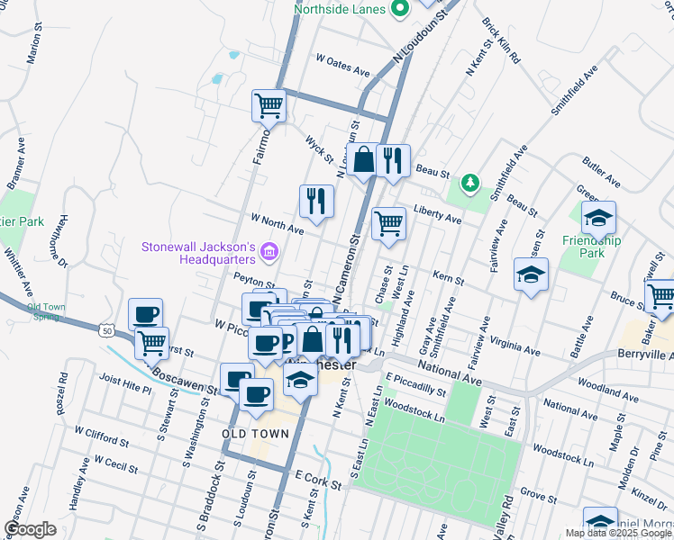 map of restaurants, bars, coffee shops, grocery stores, and more near 437 North Cameron Street in Winchester