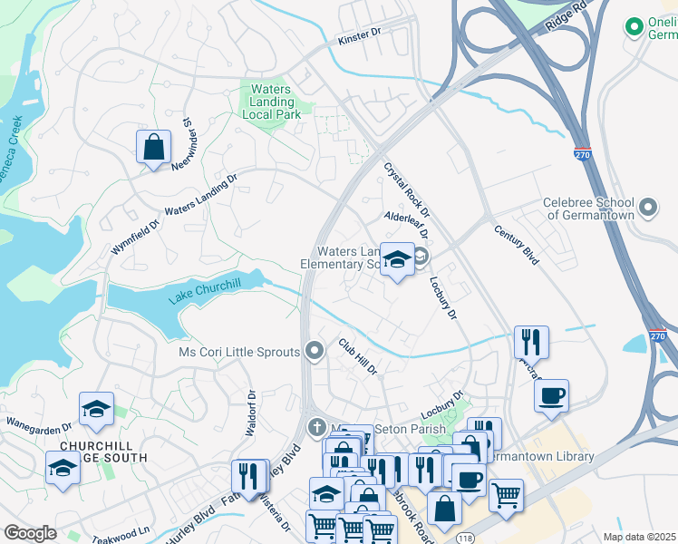 map of restaurants, bars, coffee shops, grocery stores, and more near 13 Pickering Court in Germantown